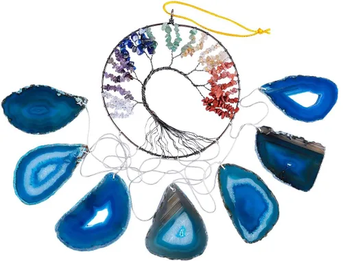 Vista 2 de rockcloud Campanillas de viento colgantes de 7 chakras del árbol de la vida con rodajas de ágata colgantes, adorno colgante de ventanas para Azul
