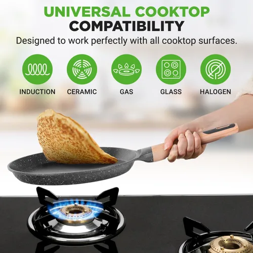 Vista 5 de NutriChef - Sartén para crepes de 24 cm (9.45 pulgadas) antiadherente con esparcidora de madera, sartén Dosa de mármol recubierto duradero, mango