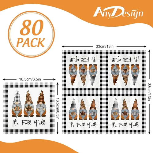 Vista 2 de AnyDesign Paquete de 80 servilletas de papel de gnomo de otoño, desechables, con texto en inglés "It's Fall Y'all", servilletas de almuerzo a