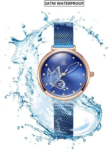 Vista 6 de SHENGKE Relojes simples analógicos de malla para mujer, correa de acero inoxidable, regalo para aniversario