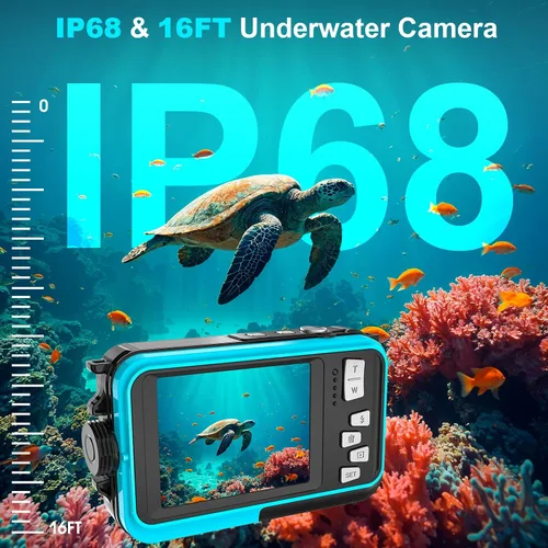 Vista 5 de Cámara subacuática 4K de 64 megapíxeles de enfoque automático de 16 pies, cámara impermeable de doble pantalla, selfie 16X, cámara subacuática