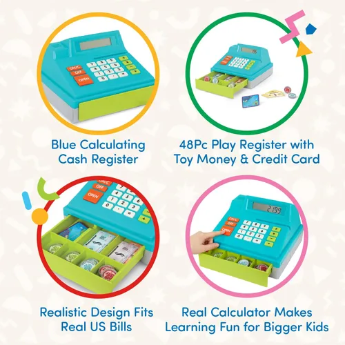 Vista 3 de Battat Caja registradora de juguete para niños, niños pequeños - 48 piezas con dinero de juguete, tarjeta de crédito - Juego de simulación - Más
