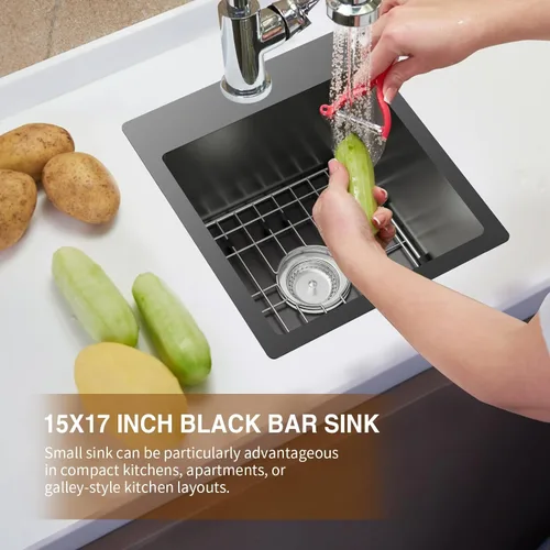 Vista 7 de Fregadero de cocina negro, fregadero de barra de acero inoxidable de 15 x 17 pulgadas, fregadero de cocina pequeño, elección ideal para espacios