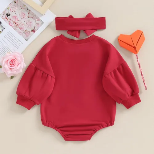 Vista 19 de Traje de bebé niña para el primer día de San Valentín, mameluco de burbujas con cuello redondo, sudadera linda para primavera y otoño