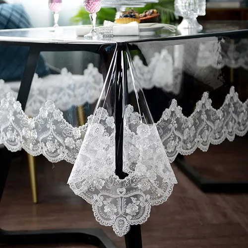 Vista 8 de Dimatic Mantel impermeable de plástico transparente, mantel redondo de vinilo PVC con encaje de macramé, a prueba de derrames de aceite, cubierta