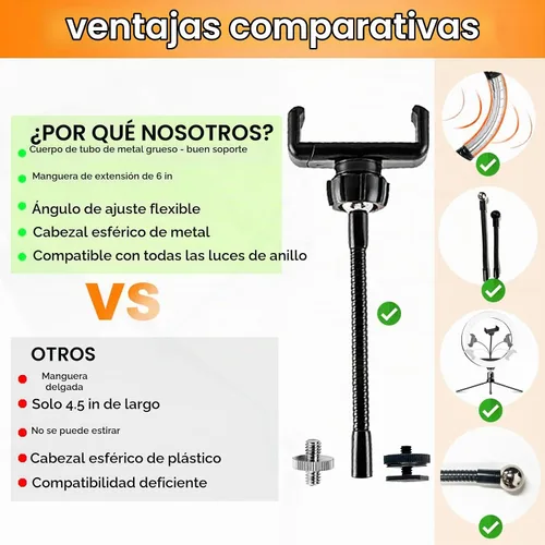 Vista 3 de Soporte universal para teléfono con anillo de luz con adaptador de 1/4 y zapata caliente, soporte de teléfono flexible para anillo de luz y trípode