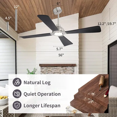 Vista 3 de WINGBO Ventilador de techo CC de 56 pulgadas con luces y control remoto, 4 aspas de madera maciza, 3CCT, motor CC reversible de 6 velocidades