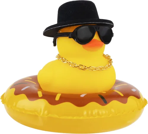Vista 54 de wonuu Pato de goma para automóvil, decoración de pato amarillo con sombrero para el sol, anillo de natación, collar, gafas de sol para decoración