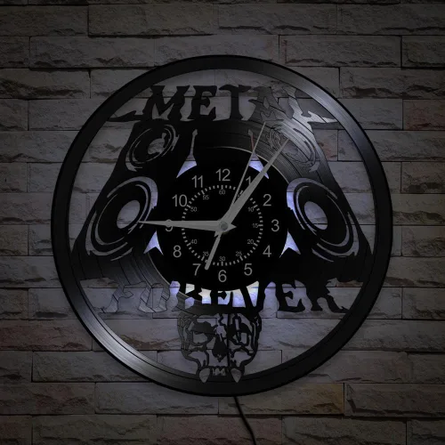 Vista 4 de Reloj de pared de música de metal pesado, 12 pulgadas, 7 tipos de reloj de pared LED de música rock, reloj de pared de cuarzo silencioso sin tictac