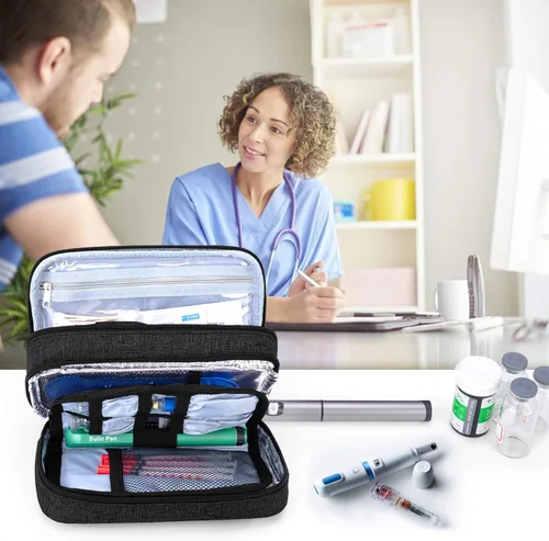 Vista 7 de Yarwo Maletín de viaje con 4 paquetes de hielo, organizador de suministros para diabéticos de doble capa para bolígrafos de insulina, monitores