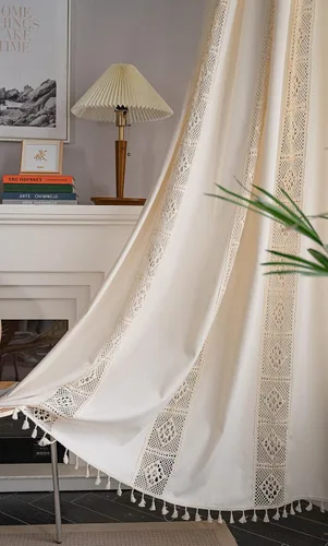 Vista 5 de vctops Cortina de ganchillo a cuadros con borlas y bolsillo para barra, cortinas de lino de algodón semitransparentes para ventana para sala