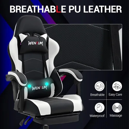 Vista 7 de Silla de juegos con reposapiés para adultos, silla de videojuegos de piel sintética con soporte lumbar de masaje para hombres y mujeres, silla