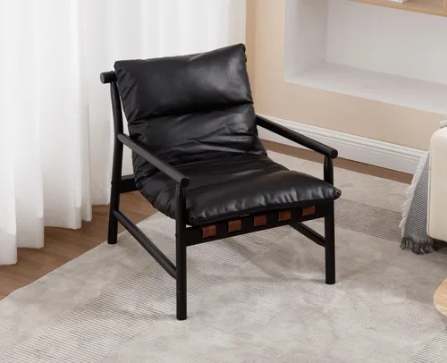 Vista 5 de Kmax Silla decorativa moderna tapizada de piel sintética, cómoda silla de descanso con marco de madera maciza para dormitorio, sala de lectura Negro