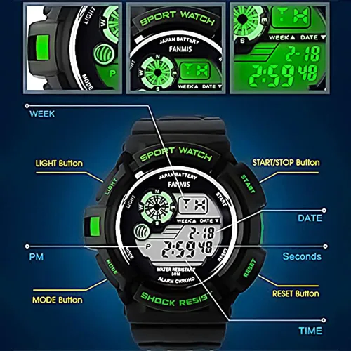 Vista 4 de Fanmis Reloj digital digital multifunción para hombre, electrónico, impermeable, con alarma, reloj deportivo de cuarzo, Azul Patchwork