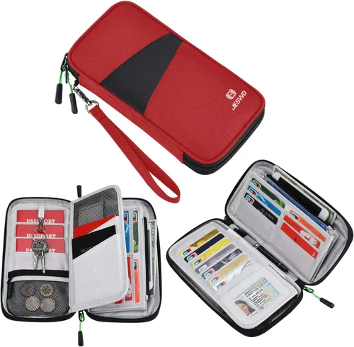 Vista 2 de Cartera de viaje RFID para pasaporte familiar, organizador de documentos impermeable con cremallera y correa de muñeca extraíble, Rojo, Elegante