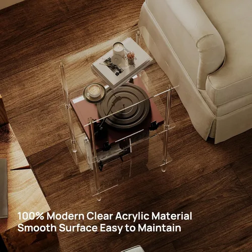 Vista 5 de HMYHUM Soporte acrílico para tocadiscos, soporte giratorio con almacenamiento de discos de vinilo, mesa auxiliar alta para sala de estar