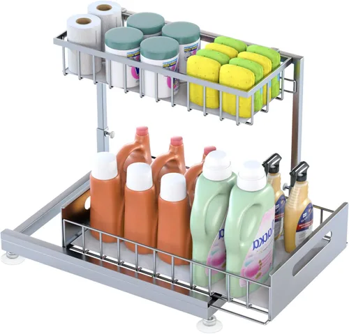 Vista 16 de Saydear Organizador de almacenamiento para debajo del fregadero, organizador de armario de cocina extraíble de 2 niveles con cajón deslizante, Negro
