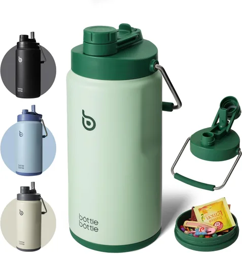 Vista 10 de BOTTLE BOTTLE Botella de agua aislada de 64 onzas con popote y tapa de doble uso, jarra de agua de medio galón, acero inoxidable al vacío para Gris