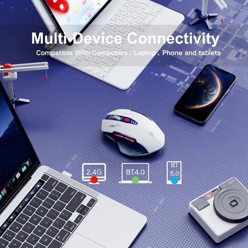 Vista 2 de Uineer Ratón Bluetooth, [Actualizado] Ratón Inalámbrico Multi-Dispositivo Recargable, Nivel de Batería Visible, Tri-Modo (BT 5.0/4.0+2.4G Hz), 4 DPI