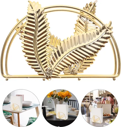 Vista 9 de Metal Napkin Holder with Leaf Design, Iron Decorative Napkin Stand for Kitchen and Dining Table, Gold Tissue Holder for Home and Restaurant Use