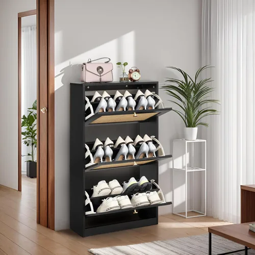 Vista 6 de Finnhomy Zapatero de 3 niveles con cajones abatibles de ratán natural para entrada, organizador de almacenamiento de zapatos delgado con tablero