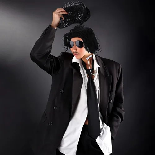 Vista 6 de 6 piezas de disfraz pop de Halloween, disfraz de estrella de baile con guante, sombrero, lentes de sol, auricular, peluca con micrófono