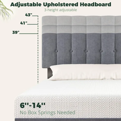 Vista 4 de Base de cama individual con cabecera de tela tapizada, fácil montaje, soporte de listones de madera, cabecera ajustable, no necesita somier, sin