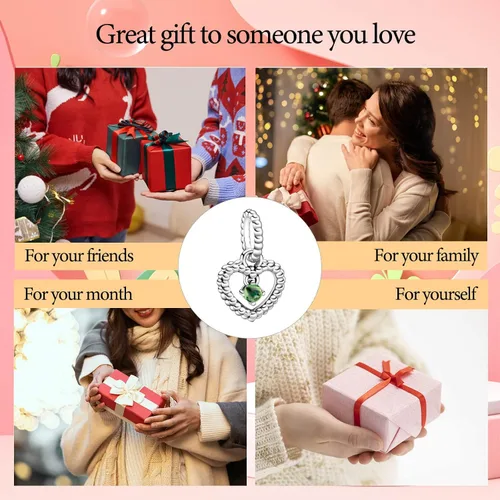 Vista 6 de Dijes de piedra natal de plata de ley 925 con dije de corazón para pulsera, collar, dije de feliz cumpleaños, cuentas colgantes de corazón