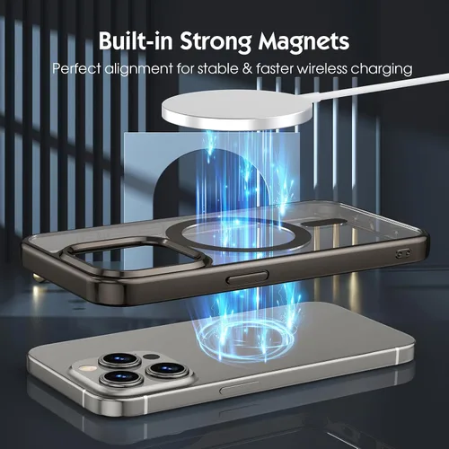 Vista 3 de Compatible con iPhone 15 Pro, funda magnética de lujo con borde galvanizado transparente, carcasa dura delgada, nunca amarilla, funda protectora