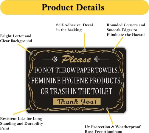 Vista 3 de Paquete de 2 toallas de papel con texto en inglés "Do Not Throw Paper", productos de higiene femenina o basura en el inodoro, letrero autoadhesivo