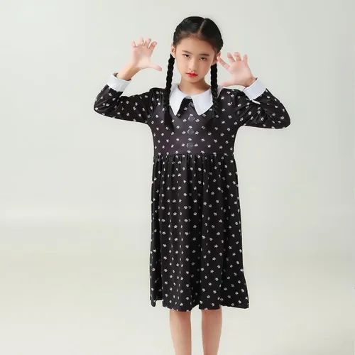 Vista 2 de LAUPHIE Vestido de miércoles para niñas, disfraz de miércoles con collar, calcetines y bolsa