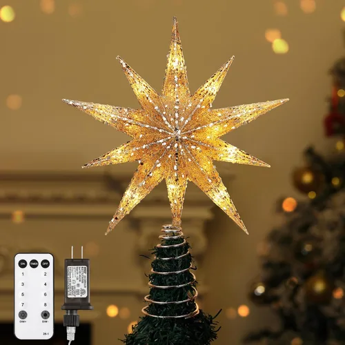 Vista 10 de Lewondr Decoración para árbol de Navidad, enchufe 3D Starburst iluminado A-champán Oro