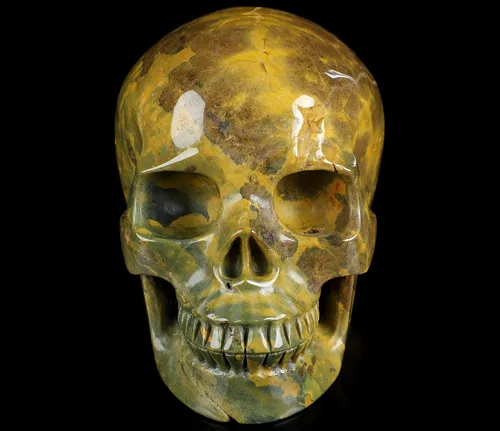 Vista 2 de Skullis Calavera de cristal de jaspe oceánico, escultura de arte fino de piedras preciosas talladas a mano, estatua de piedra curativa de Reiki.3208