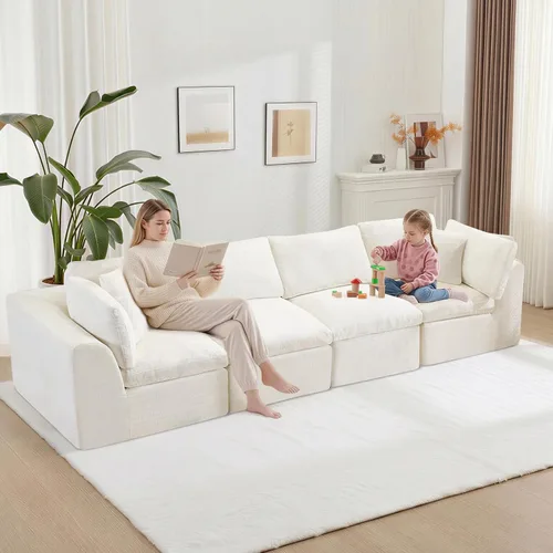 Vista 8 de Sofás de nube beige para sala de estar, sofá deshuesado de 4 plazas, sofá modular seccional, no requiere montaje, tapizado de chenilla, moderno