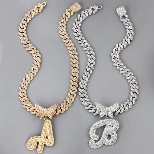 Vista 5 de Cuban Link Chain for Women Cursive Silver Initial 14MM Diamond Prong Cuban Chain Hip Hop Iced Out Chain Necklace Butterfly Initial Letter Name