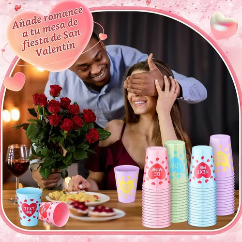 Vista 4 de Zubebe 64 vasos de plástico para el día de San Valentín, vasos de plástico de 9 onzas para café, jugo, bebidas, aniversario, boda, vacaciones