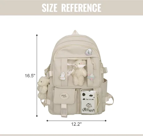 Vista 2 de Linda mochila Kawaii mochila con pin y accesorios, Blanco, Classic