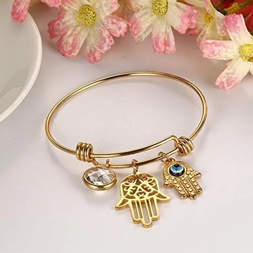 Vista 3 de Pulsera de acero inoxidable con dije de mal de ojo, buena suerte, Hamsa, mano de Fátima, regalo para mujer, Acero inoxidable