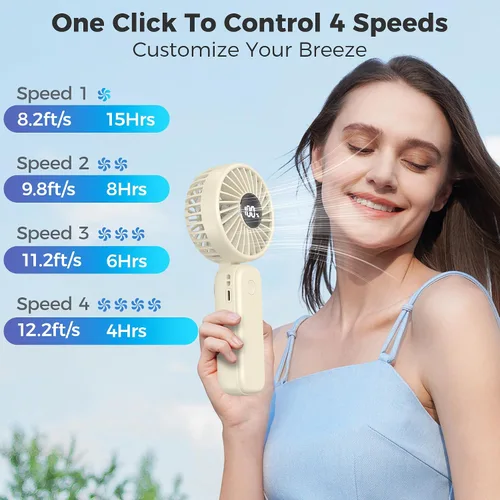 Vista 3 de Ventilador de mano plegable, ventiladores de mano recargables de 5000 mAh con potente refrigeración, 4 velocidades, pantalla LED, ventilador