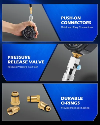 Vista 7 de Kit de probador de compresión de motor Orion Motor Tech, kit de probador de compresión de cilindro de 9 piezas con probador de bujías 4 adaptadores