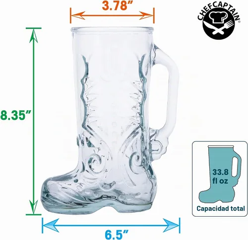 Vista 2 de Chefcaptain Juego de 2 tazas de vidrio para botas con asas, 1 litro (34 onzas), vasos de cerveza Das Boot, sin plomo, aptos para lavavajillas
