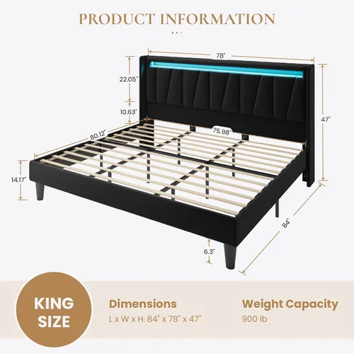 Vista 2 de SHA CERLIN - Base de cama tamaño King con estación de carga y luces LED, cama moderna de plataforma de terciopelo con cabecera tapizada geométrica