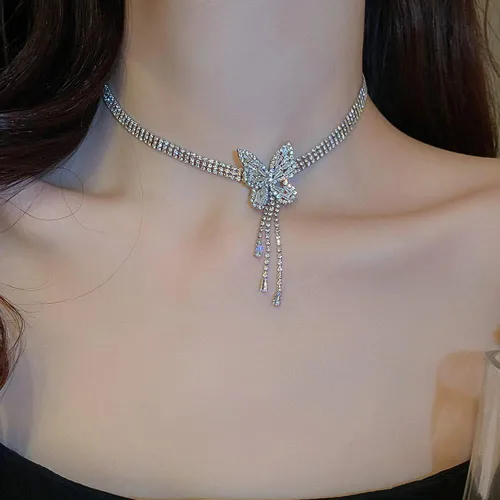 Vista 2 de Missgrace Gargantilla de mariposa con diamantes de imitación plateados, collares de cadena de plata con diamantes de imitación, collar de barra
