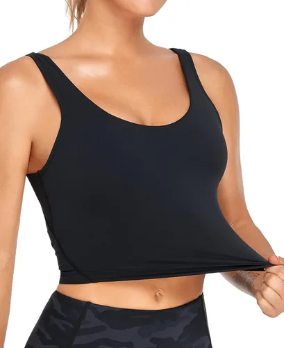 Vista 5 de Oalka - Brasier deportivo para mujer, brasier de yoga tipo ombliguera, acolchada y de longitud total, brasier para entrenar y fitness