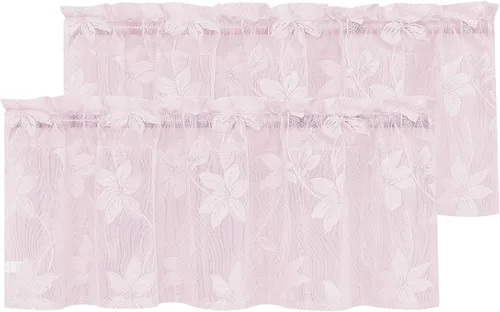Vista 34 de DWCN Paquete de 2 cortinas traslúcidas pequeñas de encaje floral beige para cocina, cortinas traslúcidas ligeras con bolsillo para barra, cortinas