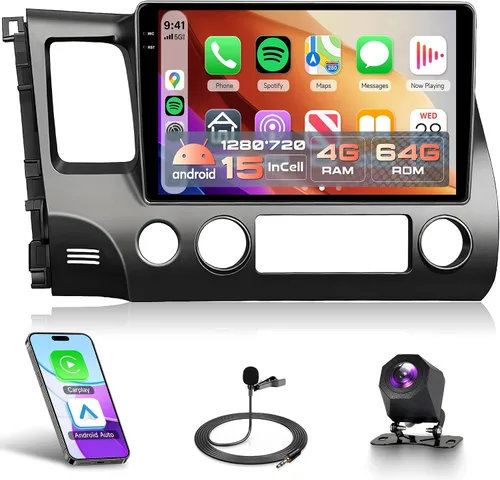 Vista 11 de Android 15 Rimoody de 10.1 pulgadas para Honda Civic 2006-2011 Android Car Stereo, CarPlay inalámbrico y Android Auto, WiFi GPS de 5 GHz, pantalla