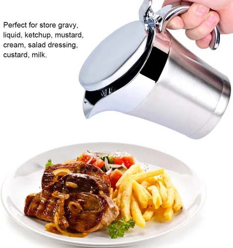 Vista 4 de Salsa de doble pared con aislamiento térmico de acero inoxidable 304 Salsa de barco Serveware para bebidas Olla de cocina Jarra para servir