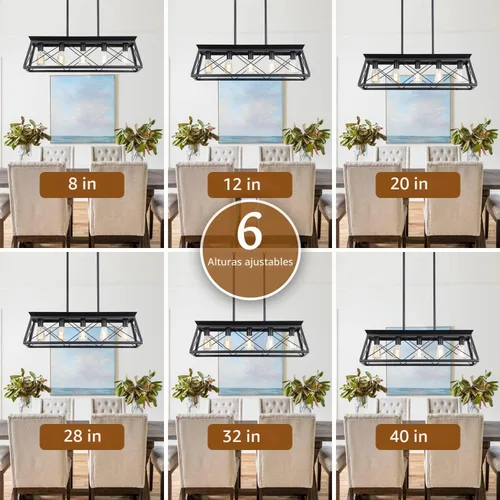 Vista 6 de Candelabros de granja para comedor, lámpara rústica para isla de cocina, lámpara colgante lineal de 5 luces, lámpara rectangular, luces de techo