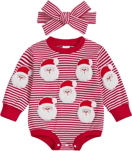 Vista 24 de MERSARIPHY Ropa de Navidad para bebé, sudadera para bebé, niño, niña, mameluco de Papá Noel para bebé, trajes de otoño e invierno Waffle