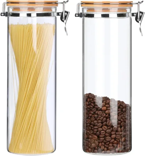 Vista 8 de Tarros de vidrio de borosilicato transparente con abrazadera de bloqueo hermético, tapas de bambú para cocina, sin BPA